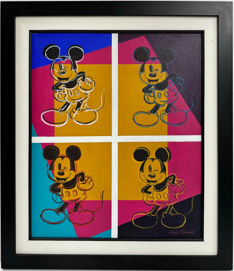 Andy Warhol American 1928-1987 Acrylic on Canvas Painting in the style of.Basquiat Pop Art Era: This acrylic on canvas pop composition depicts a famous Disney character. The painting measures 23 x 20 inches and is framed as part of a private collection. Pop art often uses bold colors, strong out