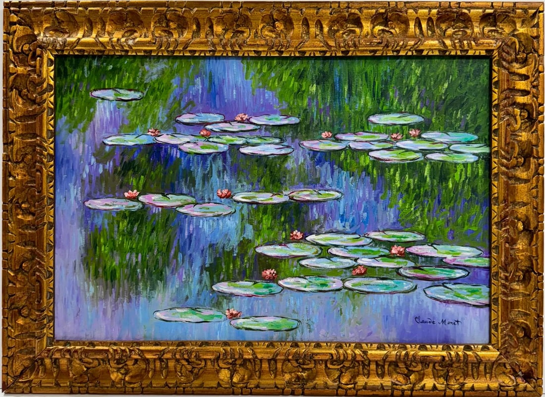 Claude Monet French 1840 - 1926 Oil on canvas Painting in the style of Renoir Manet Pissarro Era.: This impressionist oil painting on canvas portrays a river with water lilies floating on its surface. Measuring 16 x 24 inches, the artwork is framed and part of a private collection. The painting cap