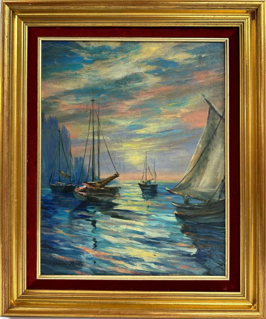 Claude Monet French 1840 - 1926 Oil on canvas Painting in the style of Renoir Manet Pissarro Era.: This impressionist oil painting on canvas vividly captures the essence of a sunset over the sea, with a bustling cityscape in the background and ships gracefully navigating the waters. Measuring 19 by