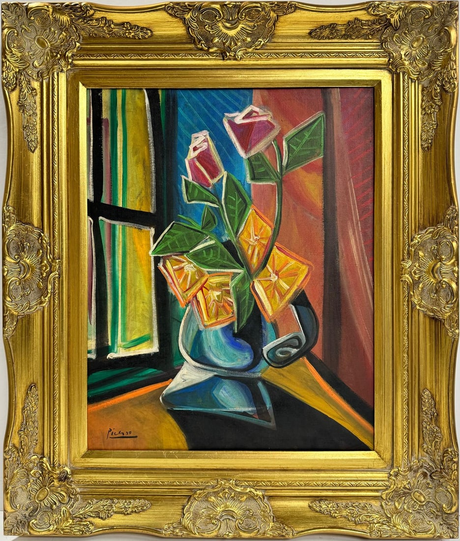 Pablo Picasso Spanish 1881-1973 Beautiful Oil On Canvas Painting in the style of. Dali Magritte, Era: This cubist oil on canvas painting features a composition centered around a buckaroo adorned with yellow and red roses, positioned near a window. The artwork measures 20 x 16 inches, is part of a priv
