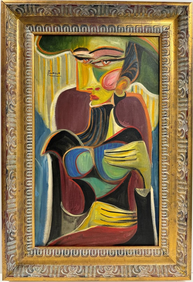 Pablo Picasso Spanish 1881-1973 Beautiful Oil On Canvas Painting in the style of. Dali Magritte, Era: This cubist oil on canvas painting portrays the form of a woman, viewed primarily from the side of her eye, capturing the essence of cubist fragmentation and abstraction. The artwork measures 26 x 16 