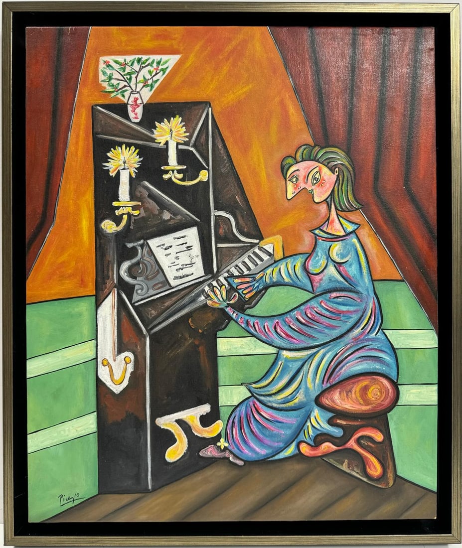 Pablo Picasso Spanish 1881-1973 Beautiful Oil On Canvas Painting in the style of. Dali Magritte, Era: An oil on canvas Cubist artwork showcases a woman playing a piano. The composition, measuring 24 x 20 inches, deconstructs the scene into geometric shapes and fragmented perspectives, characteristic o