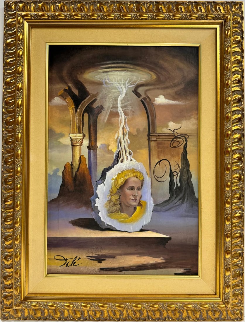 Salvador Dali Spanish 1904 - 1989 Oil on Canvas Painting in the style of. Magritte Ernst Picasso Era: This surrealist oil on canvas painting portrays a woman's face emerging from another dimension through the sky. Measuring 24 x 16 inches, the artwork is part of a private collection and is thoughtfull