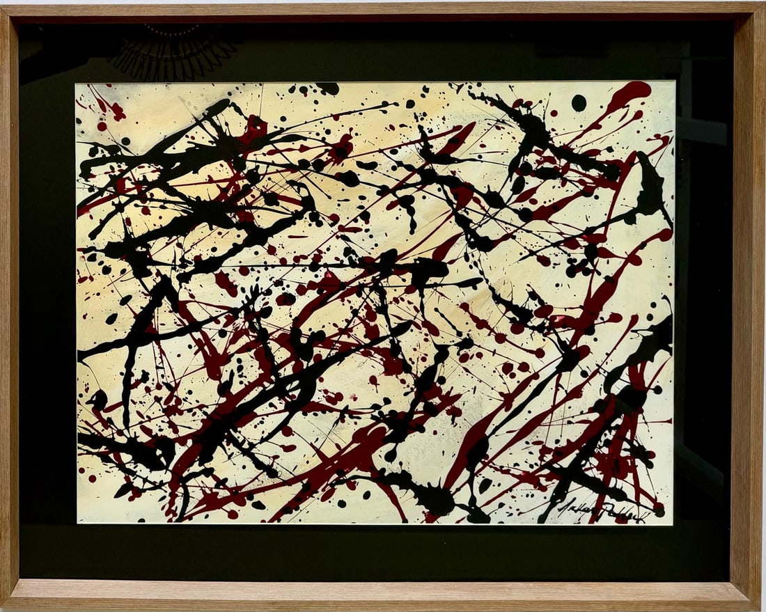 Jackson Pollock American Oil on Paper Painting In The Style of.Rothko Kline de Kooning O'Keeffe.: This abstract oil painting on paper features an array of brushstrokes in vibrant colors. Measuring 17 x 23 inches, the artwork is part of a private collection and is thoughtfully framed to enhance its