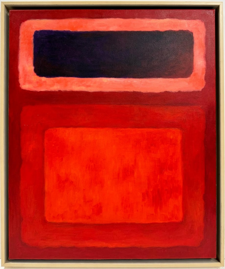 Mark Rothko Russian / American 1903 - 1970 In The Style of Oil on canvas painting Appraisal Pollock: This abstract expressionist oil painting predominantly features bold strokes of red and blue. Measuring 25 x 21 inches, the artwork is part of a private collection and is tastefully framed. The canvas