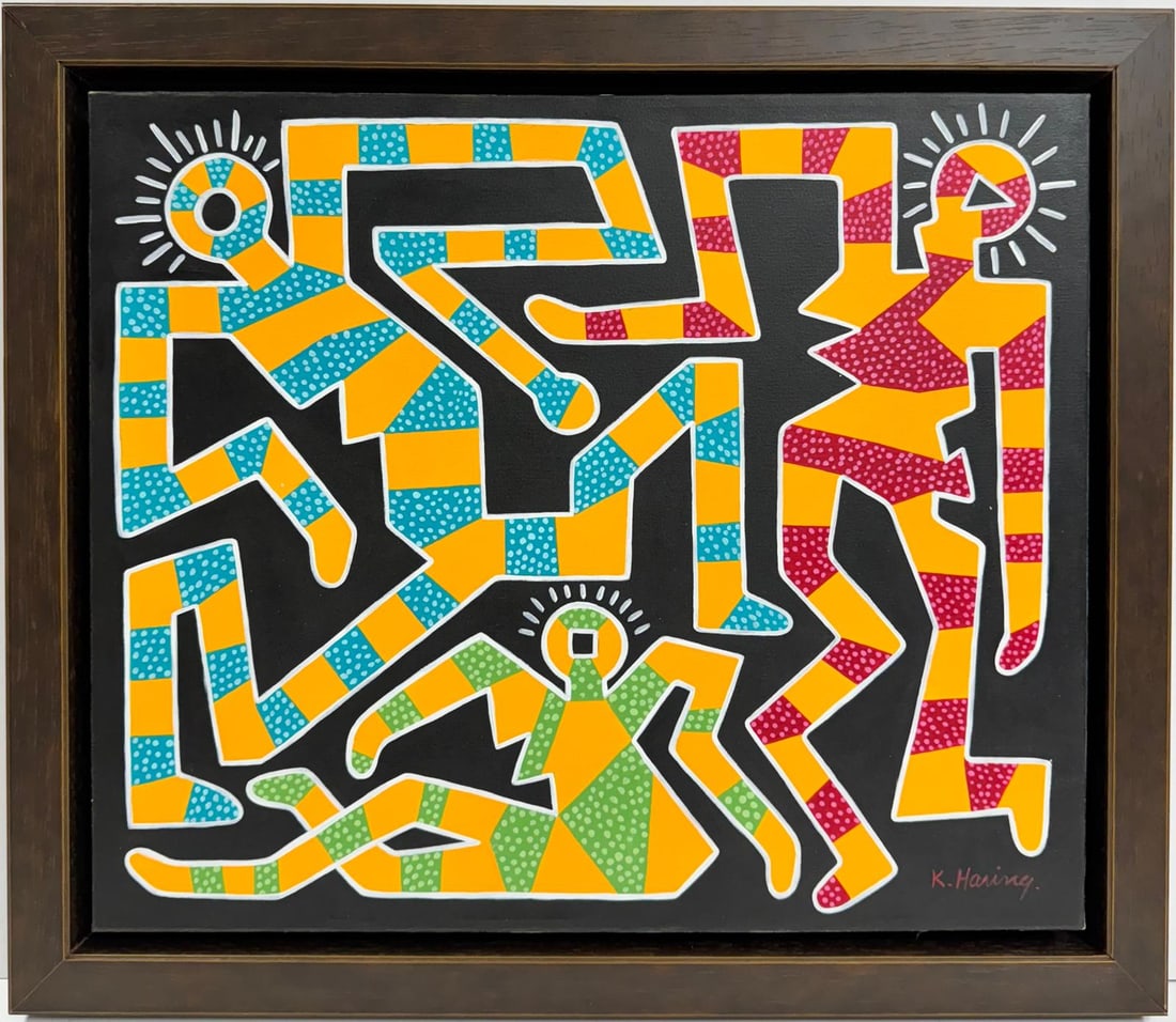Keith Haring American 1958 - 1990 Acrylic/Canvas In The Style of Warhol Haring Pop Art Era.: This pop art acrylic on canvas presents a striking composition of three elongated characters, each rendered in bold primary colors of yellow, red, and green. The characters are artistically shaped and