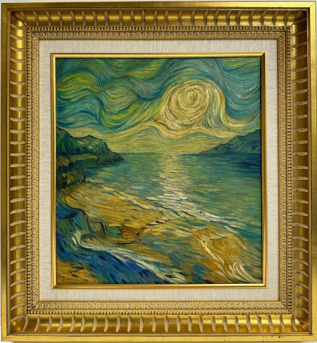 Vincent Van Gogh Dutch 1853-1890 Oil on Canvas painting in the style of. Gaugin, Degas Era: This post-impressionist oil on canvas painting portrays a serene beach scene under a dynamically swirling sky, reminiscent of the signature style often associated with Vincent van Gogh. The artwork me