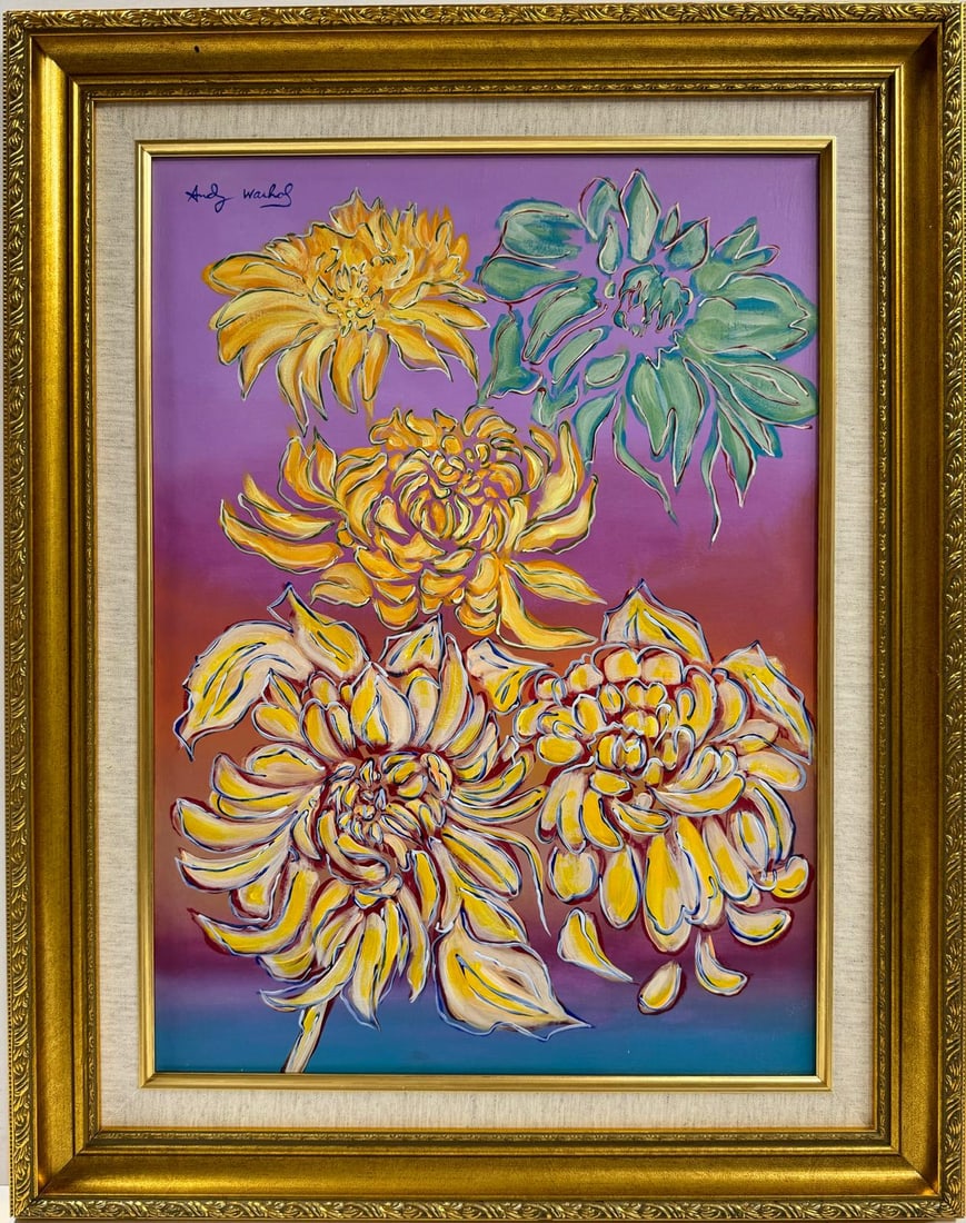 Andy Warhol American 1928-1987 Acrylic on Canvas Painting in the style of.Basquiat Pop Art Era: This pop art acrylic on canvas painting showcases a vibrant composition of four yellow flowers and one green flower, rendered in soft pastel tones. The artwork, measuring 22 x 16 inches, is part of a 