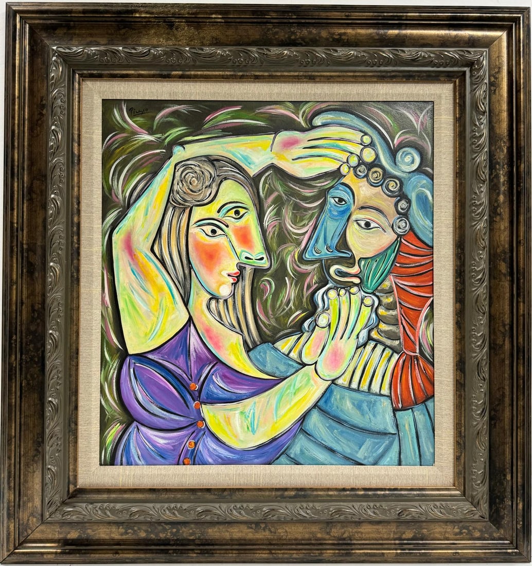 Pablo Picasso Spanish 1881-1973 Beautiful Oil On Canvas Painting in the style of. Dali,Magritte COA: This cubist oil on canvas painting depicts a couple in an intimate pose, touching each other. The artwork measures 24 x 22 inches, is part of a private collection, and is framed to enhance its present