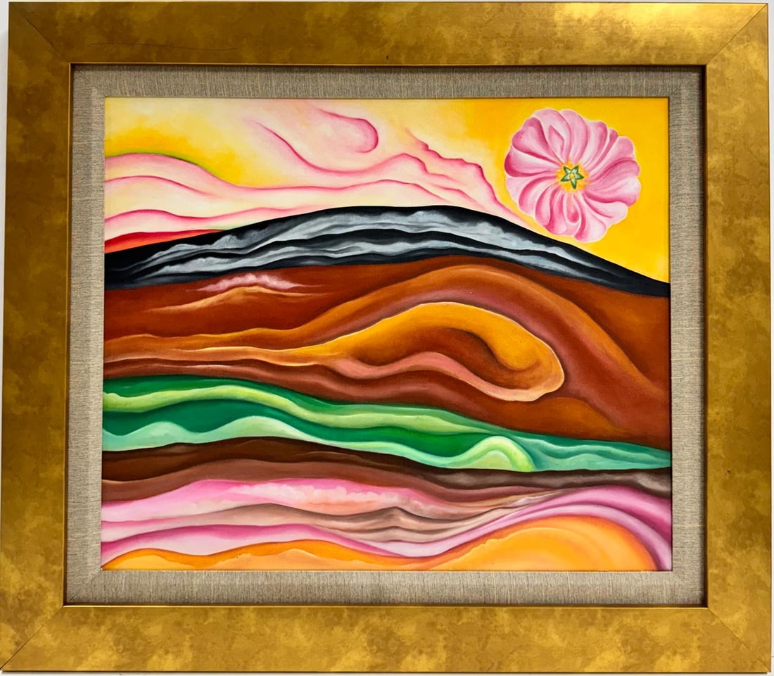 Georgia O'Keeffe American 1887 - 1986 Untitled Oil On Canvas Painting in the style of Art Flower: This abstract expressionist oil on canvas painting features a composition characterized by warm colors, depicting a mountain with a pink flower symbolizing the sun. The artwork measures 20 x 24 inches