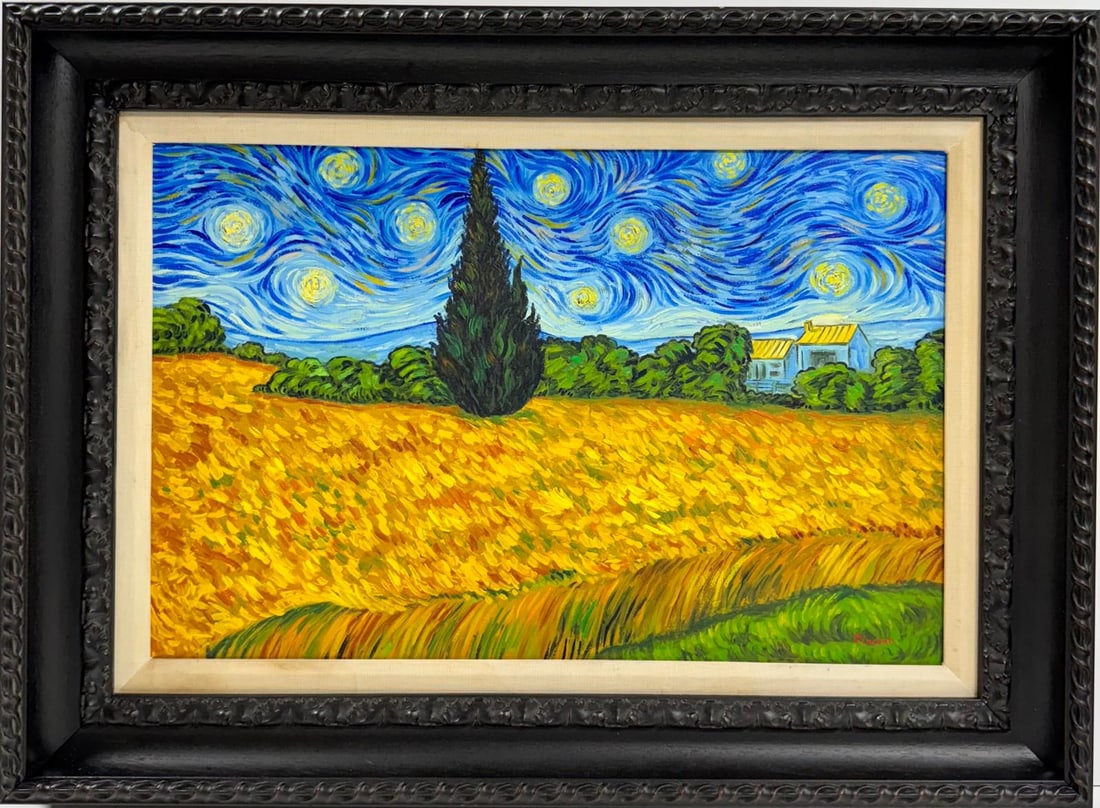 Vincent Van Gogh Dutch 1853-1890 Oil on Canvas painting in the style of Gaugin, Degas Era: his post-impressionist oil on canvas painting depicts a serene countryside landscape, characterized by swirling clouds that are a hallmark of the artist's distinctive style. The artwork measures 16 x 