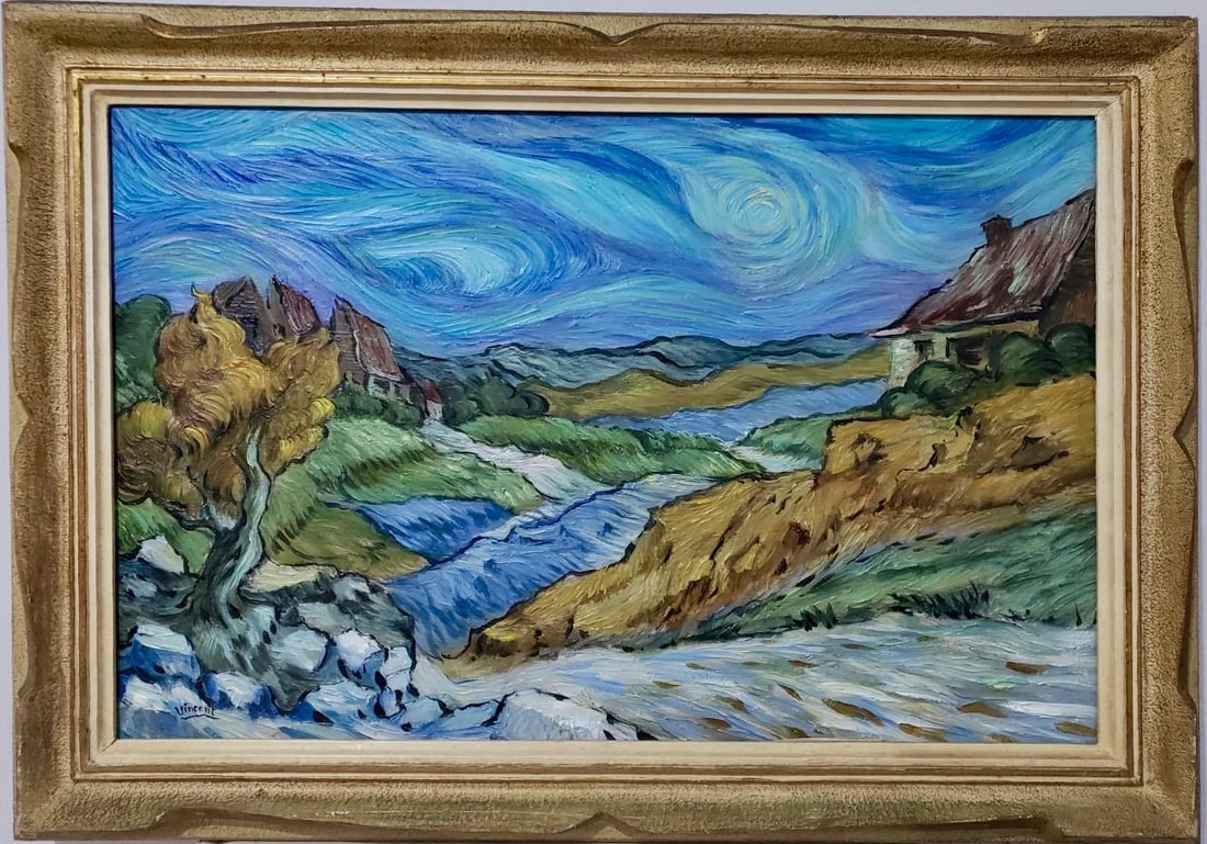 Vincent Van Gogh Dutch 1853-1890 Oil on Canvas painting in the style of Gaugin, Degas Era: This oil on canvas painting measures 22 x 32 inches and is framed, part of a private collection. The artwork features a vibrant and dynamic landscape scene, characterized by swirling brushstrokes and 