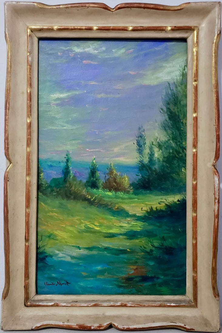 Claude Monet French 1840 - 1926 Oil on canvas Painting in the style of Renoir Manet Pissarro Era.: This impressionist oil on canvas painting depicts a landscape scene, capturing the beauty of nature with expressive brushwork and vibrant colors. The artwork measures 23 x 15 inches, is part of a priv