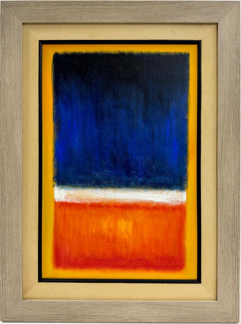 Mark Rothko Russian / American 1903 - 1970 In The Style of Oil on canvas painting Appraisal Pollock: This abstract composition features predominantly blue, orange, and white hues, creating a dynamic interplay of color and form on the canvas. Measures 22 x 14.5 inches. Private collection. Executed wit
