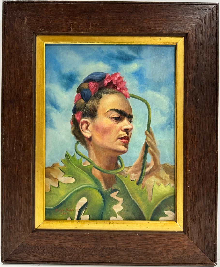 Frida Kahlo Mexican 1907-1954 Oil on Canvas Painting in the style of. Dali , Picasso , Rivera Era.: This oil on canvas artwork features a self-portrait, measuring 13.5 x 10 inches. The piece is part of a private collection and is framed for display. In this composition, the artist presents a persona