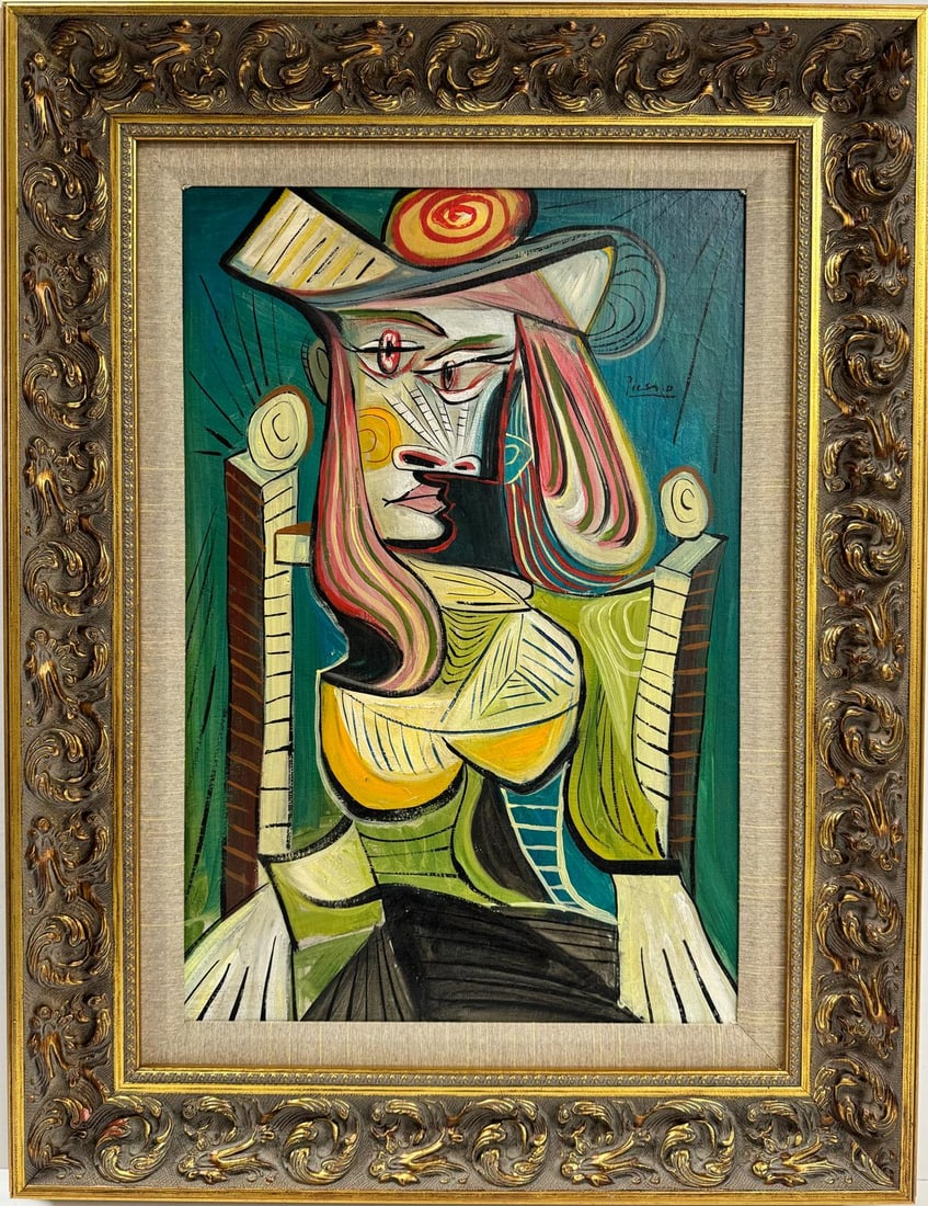 Pablo Picasso Spanish 1881-1973 Beautiful Oil On Canvas Painting in the style o . Dali Magritte, Era: This vibrant oil on canvas painting, measuring 23.5 by 16 inches, showcases a cubist portrayal of a character distinguished by a stylish hat and a cascade of multicolored hair. The figure is seated at