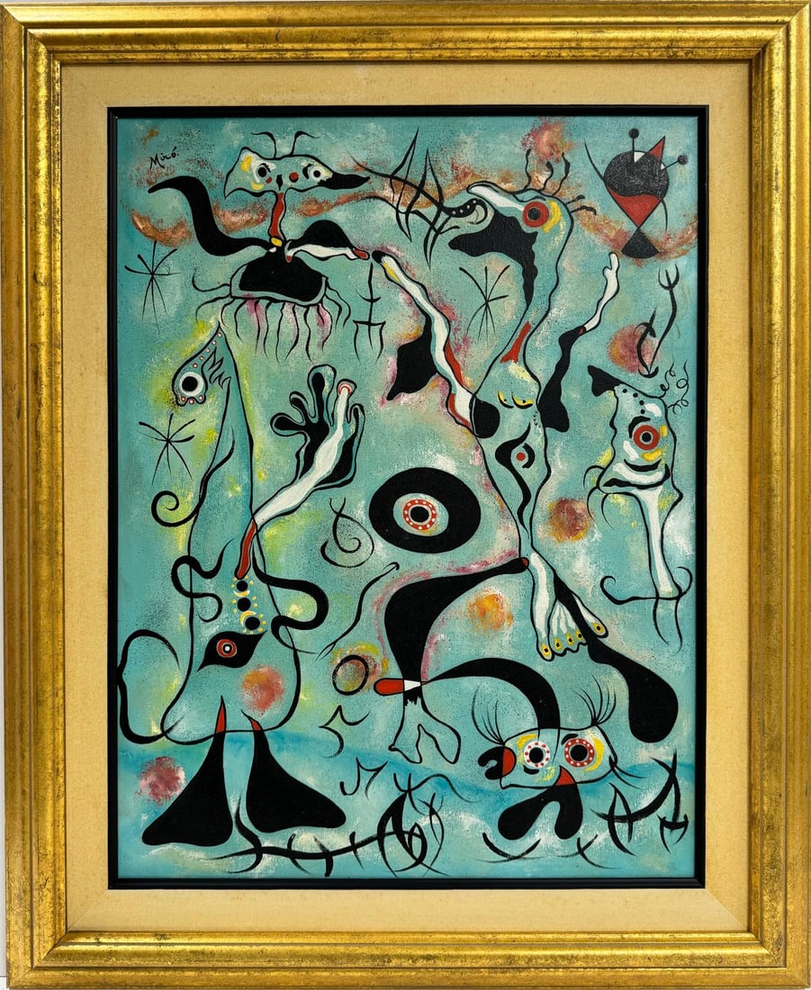 Joan Miro Spanish 1893 - 1983 Oil on Canvas in the style of. Dali Picasso Chagall Era.COA: This oil on canvas painting measures 26 x 20 inches and is beautifully framed, part of a private collection. The artwork features a vibrant and whimsical composition, characteristic of artist's surrea