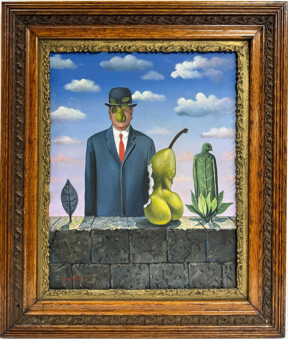 Rene Magritte Belgian 1898 - 1967 Oil on Canvas Painting in the style of. Dali Picasso Era.COA: This oil on canvas painting measures 19 x 16 inches and is beautifully framed, part of a private collection. The artwork features a surrealist composition inspired by the style of René Magritte. At t