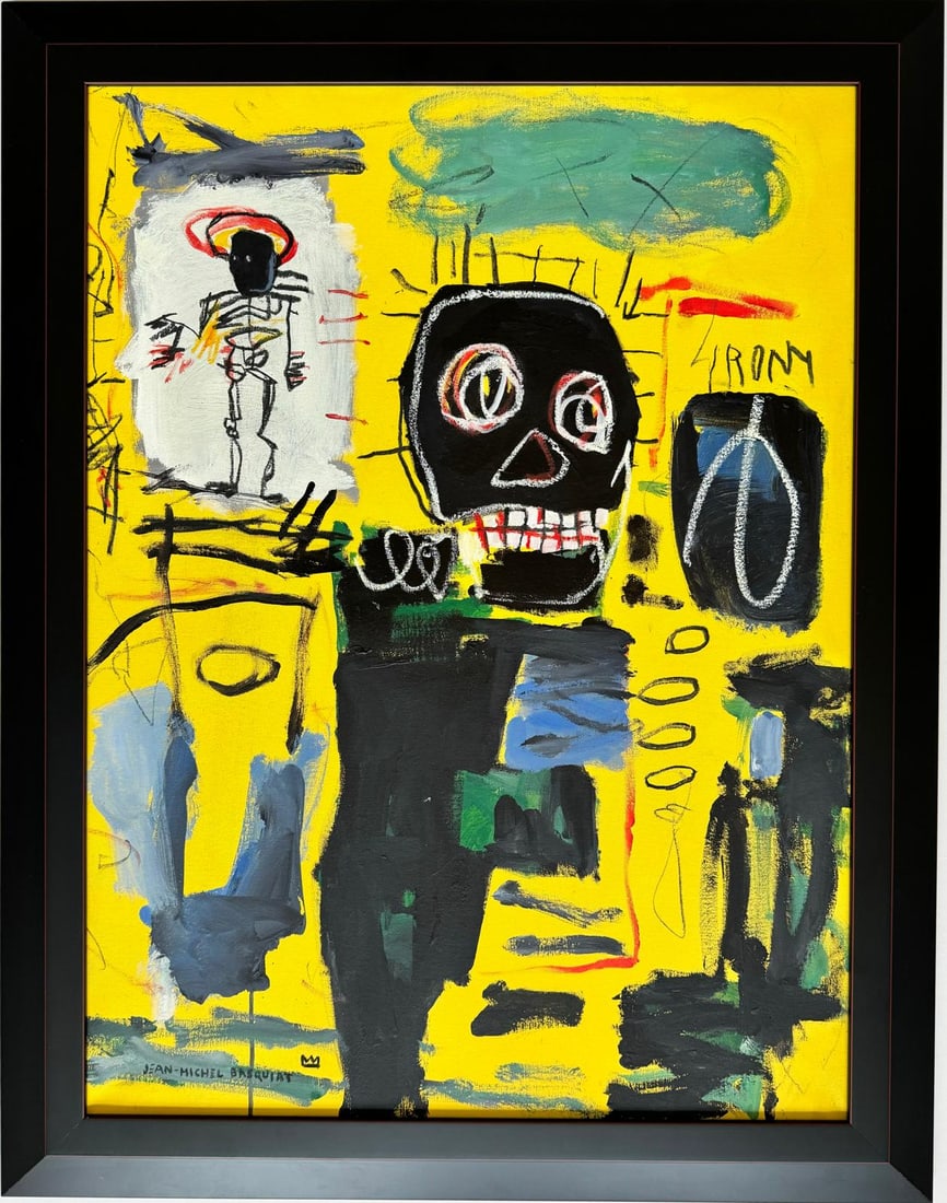 Jean Michel Basquiat Large Abstract In The Style of. Pollock Andy Warhol Era Acrylic on Canvas: This artwork, created using a combination of media on canvas, illustrates various heads surrounded by symbols. Measuring 32 x 23 inches, it stands out as an exceptional and substantial artwork, curren