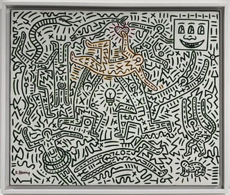 Keith Haring American 1958 - 1990 Acrylic/Canvas In The Style of Warhol Haring Pop Art Era.COA