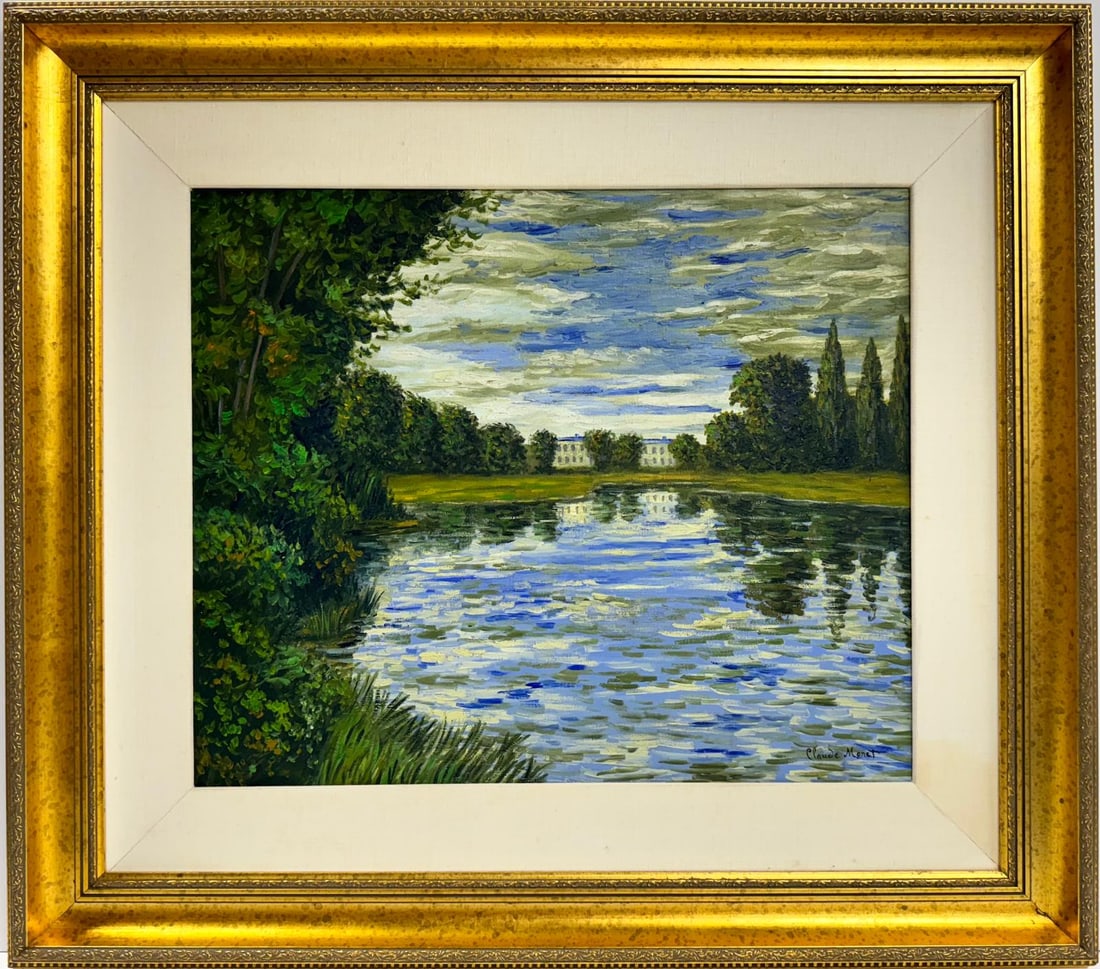 Claude Monet French 1840 - 1926 Oil on canvas Painting in the style of Renoir Era.COA: This oil on canvas artwork measures 20 x 24 inches and is elegantly framed, part of a private collection. The painting features a serene landscape, depicting a tranquil body of water surrounded by lus