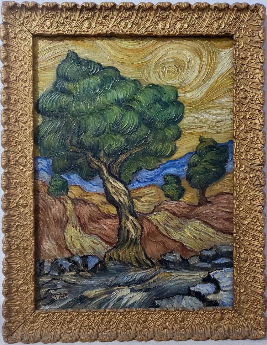 Vincent Van Gogh Dutch 1853-1890 Oil on Canvas painting in the style of Gaugin, Degas Era: This oil on canvas painting measures 18 x 14 inches and is framed in an intricately designed gold frame, part of a private collection. The artwork features a vibrant landscape, showcasing a large, swi