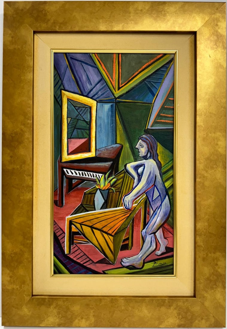Pablo Picasso Spanish 1881-1973 Beautiful Oil On Canvas Painting In The Style Of. Dali, Magritte.: This striking oil on canvas artwork, measuring 19 x 10.5 inches and presented in a private collection, showcases a vividly stylized scene rendered with bold geometric abstraction. A solitary figure, w