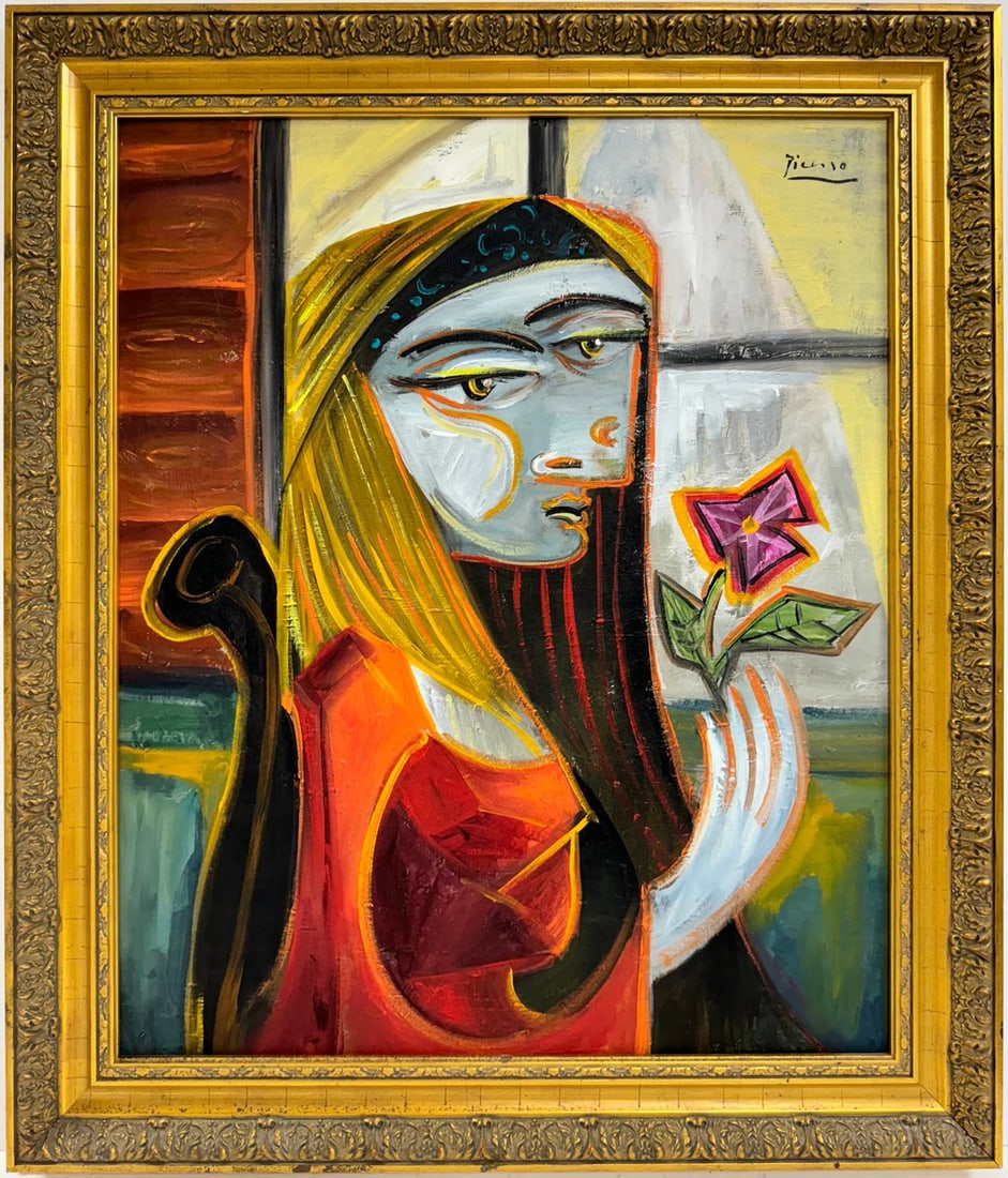 Pablo Picasso Spanish 1881-1973 Beautiful Oil On Canvas Painting In The Style Of. Dali, Magritte.: This expressive oil on canvas painting, measuring 27 x 22 inches, features a stylized portrait of a woman holding a vibrant flower. The woman’s face, elongated and angular, is rendered with bold, sw