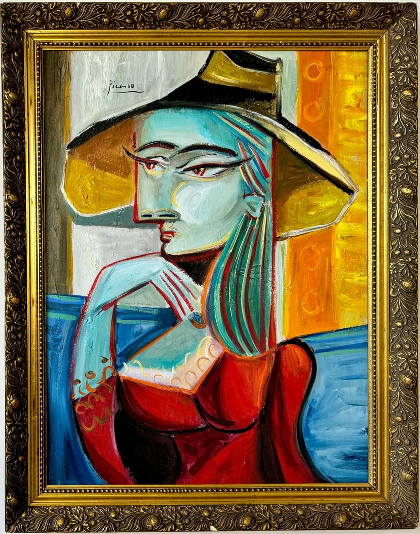 Pablo Picasso Spanish 1881-1973 Beautiful Oil On Canvas Painting in the style of. Dali,Chagall Era: This artwork is an oil on canvas painting measuring 25 x 19 inches, housed in a private collection and presented in an ornate, golden frame with intricate detailing. The composition features a stylize