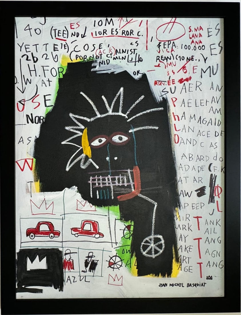 Jean Michel Basquiat Abstract In The Style of. Pollock Andy Warhol Era Mixed Media on Canvas: This artwork is a mixed media piece on canvas, measuring 31 x 23 inches, framed and part of a private collection. The composition is a striking example of raw, expressive art that combines text, symbo