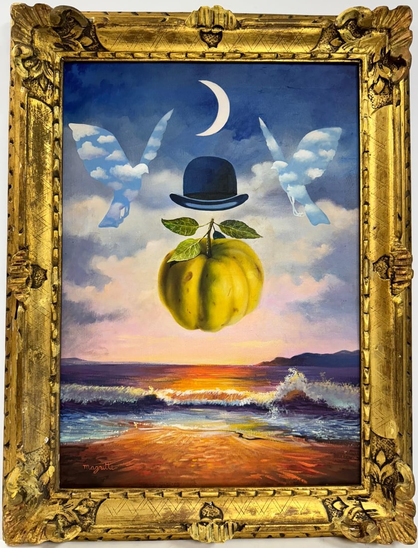 Rene Magritte Belgian 1898 - 1967 Untitled Oil on Canvas Painting in The Style of. Dali Picasso Era: This artwork is an oil on canvas painting, measuring 27 x 20 inches, framed and part of a private collection. The composition is a striking surrealist scene that merges natural and fantastical element
