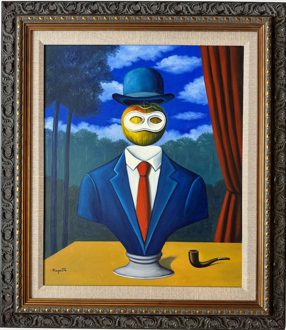 Rene Magritte Belgian 1898 - 1967 Untitled Oil on Canvas Painting in The Style of. Dali Picasso Era: This oil on canvas painting measures 24 x 20 inches and is framed, part of a private collection. The artwork features a surrealist composition reminiscent of René Magritte's iconic style. The central