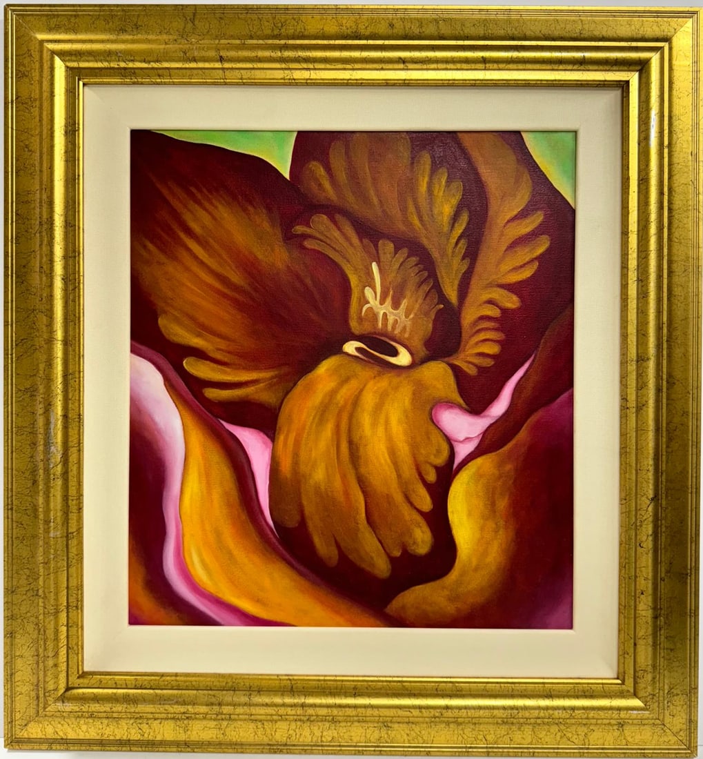 Georgia O'Keeffe American 1887 - 1986 Untitled Oil On Canvas Painting in the style of, Pollock: This artwork is an oil on canvas painting, measuring 20 x 18 inches, framed and part of a private collection. The composition is an intimate, close-up exploration of a flower, rendered in rich, warm t