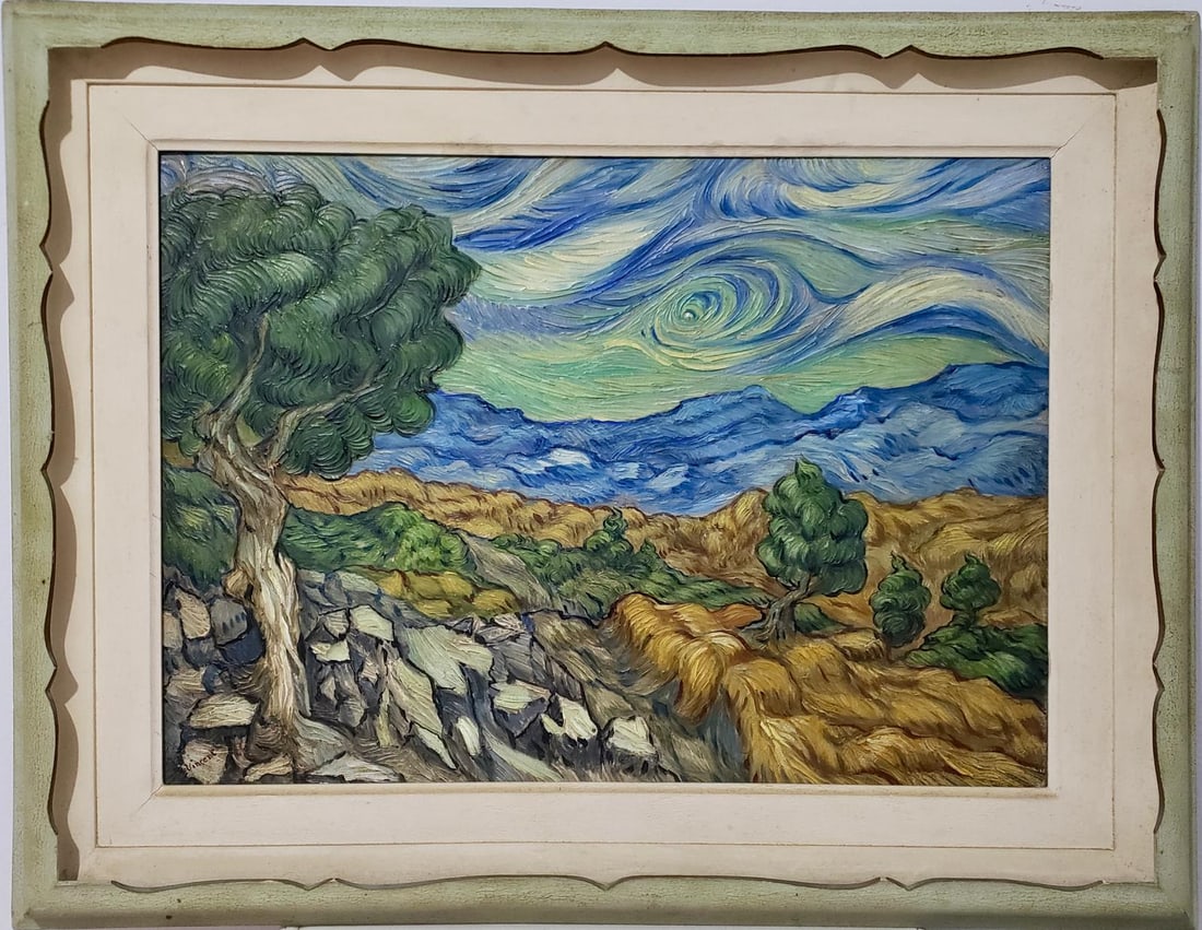 Vincent Van Gogh Dutch 1853-1890 Oil on Canvas painting in the style of Gaugin, Degas Era.: This artwork is an oil on canvas painting, measuring 27 x 36 inches, framed and part of a private collection. The composition presents a dramatic and expressive landscape, characterized by swirling sk