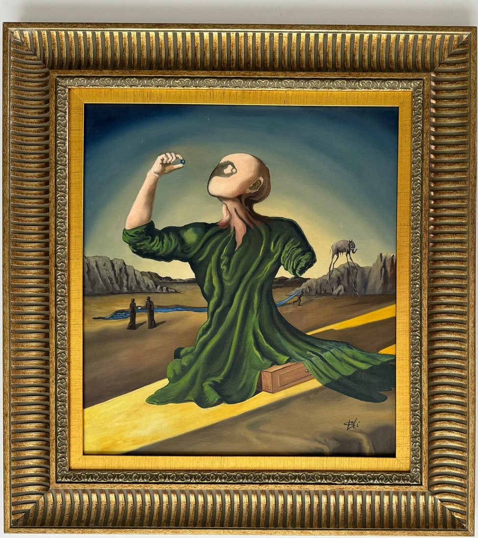 Salvador Dali Spanish 1904 - 1989 Oil on Canvas Painting in the style of. Magritte Ernst Picasso Era: This surrealist oil on canvas painting measures 20 x 18 inches and is part of a private collection, framed for display. The central focus of the artwork is a prominent character dressed in green, seem