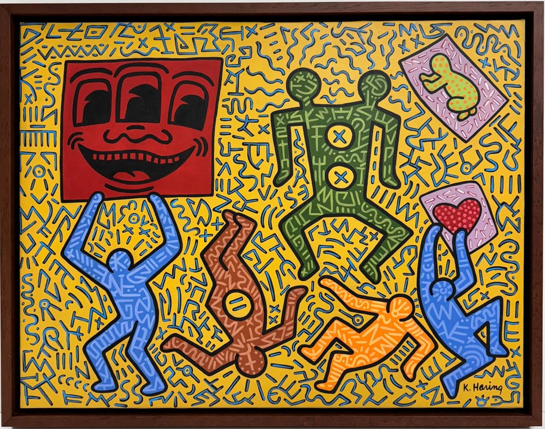 Keith Haring American 1958 - 1990 Acrylic/Canvas In The Style of Warhol Haring Pop Art Era.: This artwork is an acrylic on canvas measuring 20 x 26 inches, framed in a sleek wooden frame. The composition is a vibrant and energetic scene filled with stylized, animated figures that are a hallma
