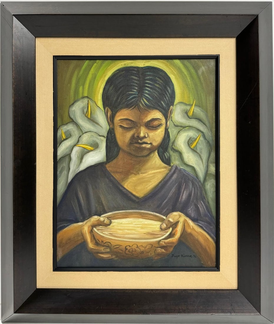 Diego Rivera Mexican 1886-1957 Oil on Canvas in the style of. Tamayo, Kahlo, Clemente Orozco Era: This artwork is an oil on canvas measuring 18 x 14 inches, framed in a modern black frame with a beige inner border that enhances the painting's depth and contrast. The composition features a young gi