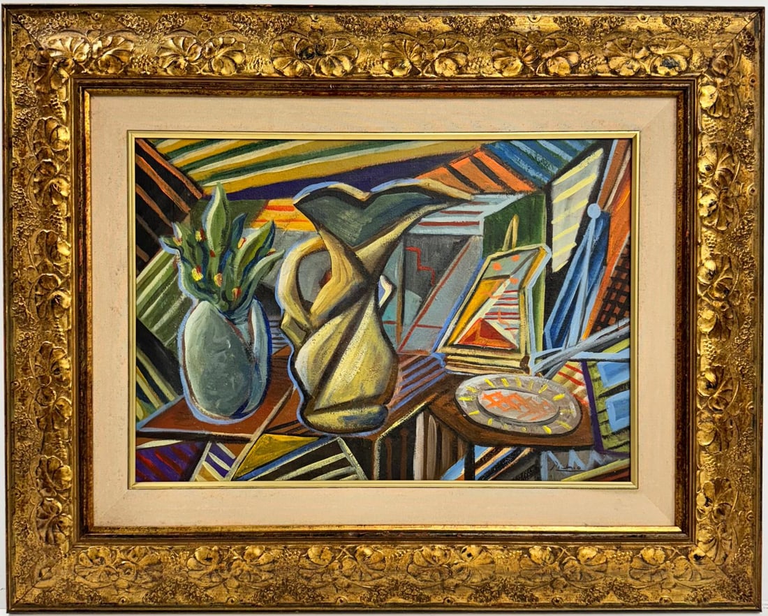 Pablo Picasso Spanish 1881-1973 Oil on Canvas Painting in the style of. Dali Magritte, Era: Title: Still Life with Vase and Dish.Medium: Oil on Canvas.Dimensions: 15 x 21 inches.Collection: Private Collection.Framed: Yes.Description: Still Life with Vase and Dish presents a vivid exploration
