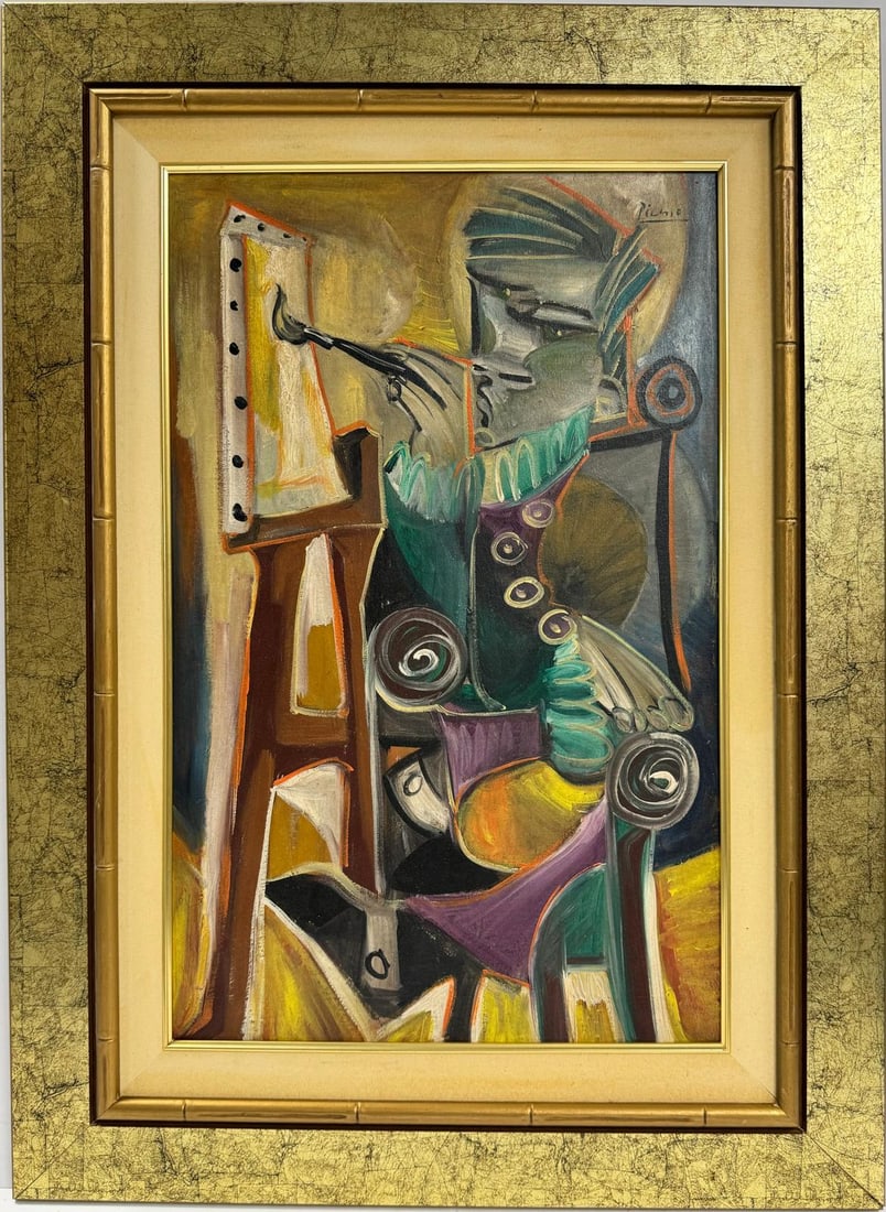 Pablo Picasso Spanish 1881-1973 Beautiful Oil On Canvas Painting in the style of. Dali Magritte, Era: This cubist oil on canvas painting portrays a painter, capturing the essence of the artist at work through the distinctive cubist style. Measuring 28 x 17 inches, the artwork is part of a private coll