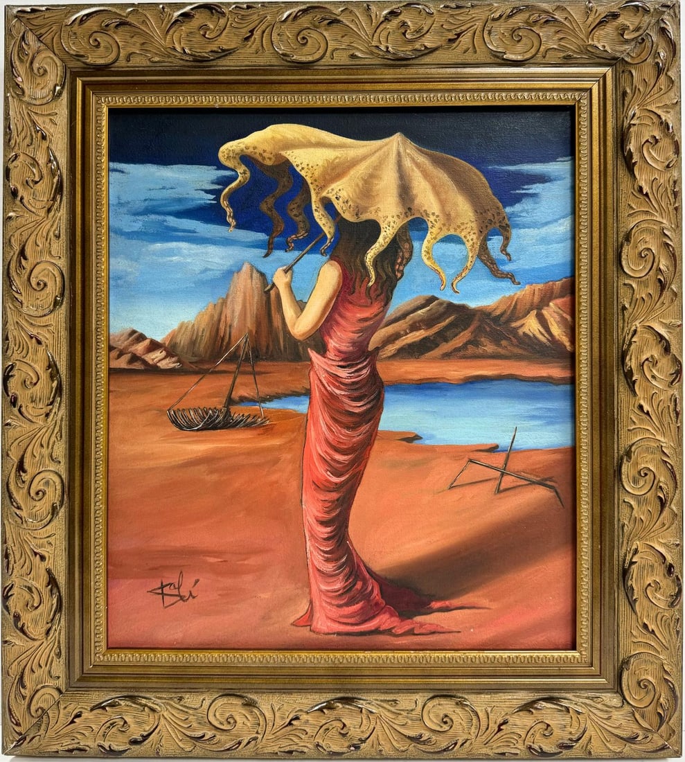Salvador Dali Spanish 1904 - 1989 Oil on Canvas Painting in the style of. Magritte,Picasso Era. COA: This oil on canvas painting measures 14 x 12 inches and is framed in an ornate, golden frame, part of a private collection. The artwork features a surrealist composition that captures a dreamlike scen