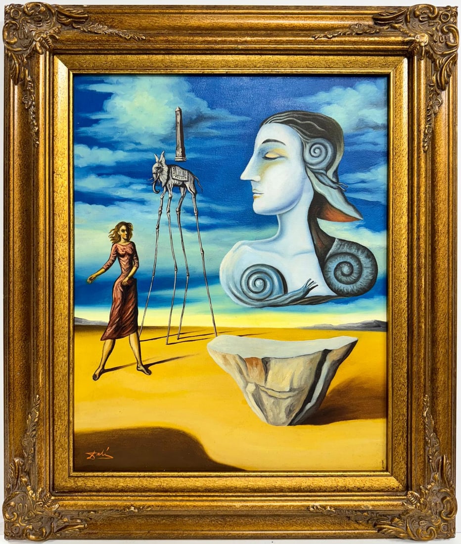 Salvador Dali Spanish 1904 - 1989 Oil on Canvas Painting in the style of. Magritte Pica: Title: Desert Dreamscape.Medium: Oil on Canvas.Dimensions: 20 x 16 inches.Collection: Private Collection.Framed: Yes.Description: Desert Dreamscape is a surrealist composition that evokes a sense of o