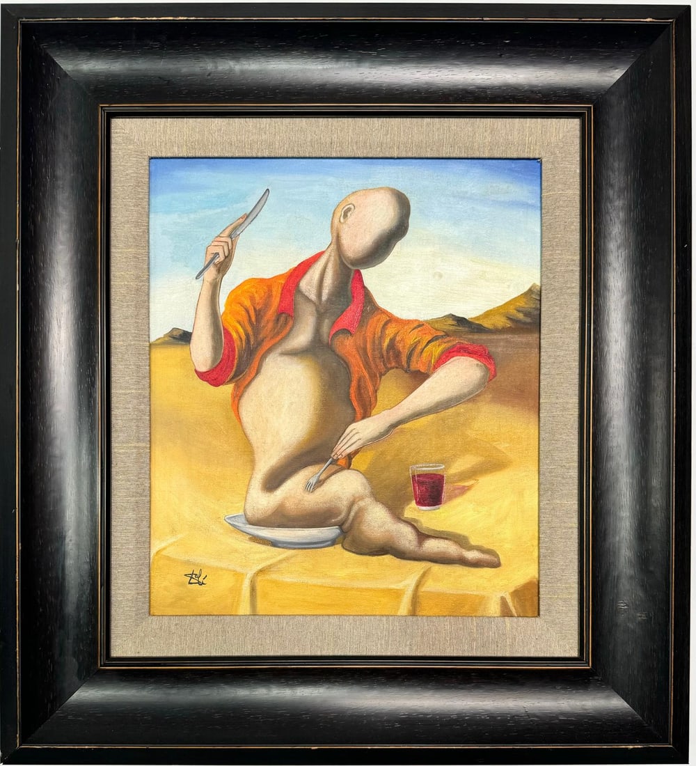 Salvador Dali Spanish 1904 - 1989 Oil on Canvas Painting in the style of. Magritte Pica: Title: Self-Consumption/Medium: Oil on Canvas/Dimensions: 15 x 13 inches/Collection: Private Collection/Framed: Yes/Description: Self-Consumption is a surrealist exploration of the human form and the 