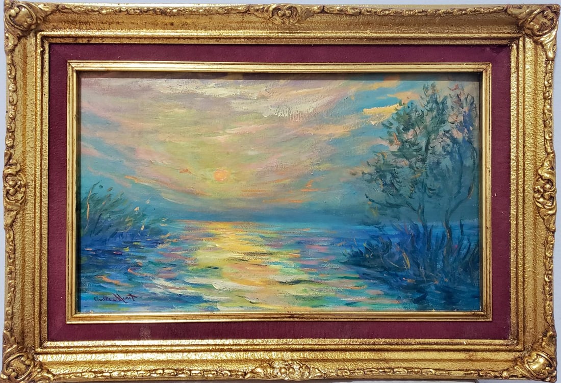 Claude Monet French 1840 - 1926 Oil on Canvas Painting in the style of Renoir Manet Pissarro Era.: Title: Sunset Over Tranquil Waters/Medium: Oil on Canvas/Dimensions: 17 x 25 inches/Collection: Private Collection/Framed: Yes/Description: Sunset Over Tranquil Waters is a serene and evocative landsc