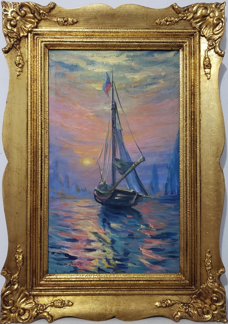 Claude Monet French 1840 - 1926 Oil on Canvas Painting in the style of Renoir Manet Pissarro Era.: Title: Sailboat at Sunset/Medium: Oil on Canvas/Dimensions: 25 x 18 inches/Collection: Private Collection/Framed: Yes/Description: Sailboat at Sunset captures the tranquil beauty of a lone sailboat ge