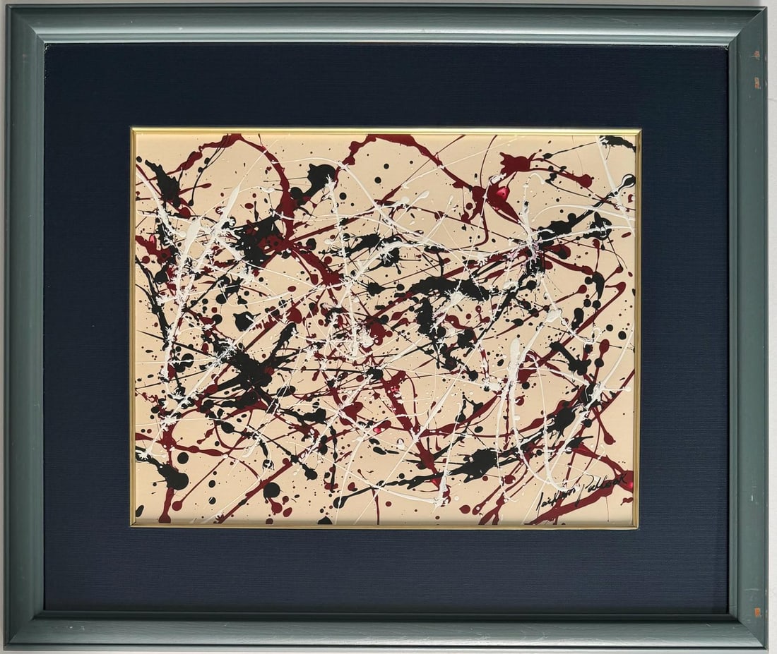 Jackson Pollock American Oil on Paper Painting in the style of.Rothko Kline de Kooning O'Keeffe Era.: This abstract painting, distinguished by the artist its use of colors—white, red, and black in a tan surface —measures 17 x 22 inches. It comes from a private collection in USA. Executed with expe