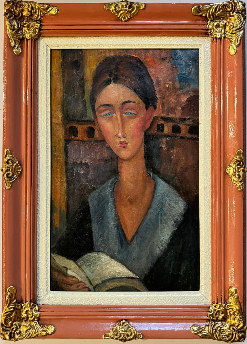 Amedeo Modigliani 1884 - 1920 Italian Oil on Canvas In the Style of. Utrillo.Brancusi Era: This artwork is an oil on canvas measuring 25 x 18 inches, encased in a distinctive frame with a muted pink hue and ornate gold embellishments at the corners. The composition features a portrait of a