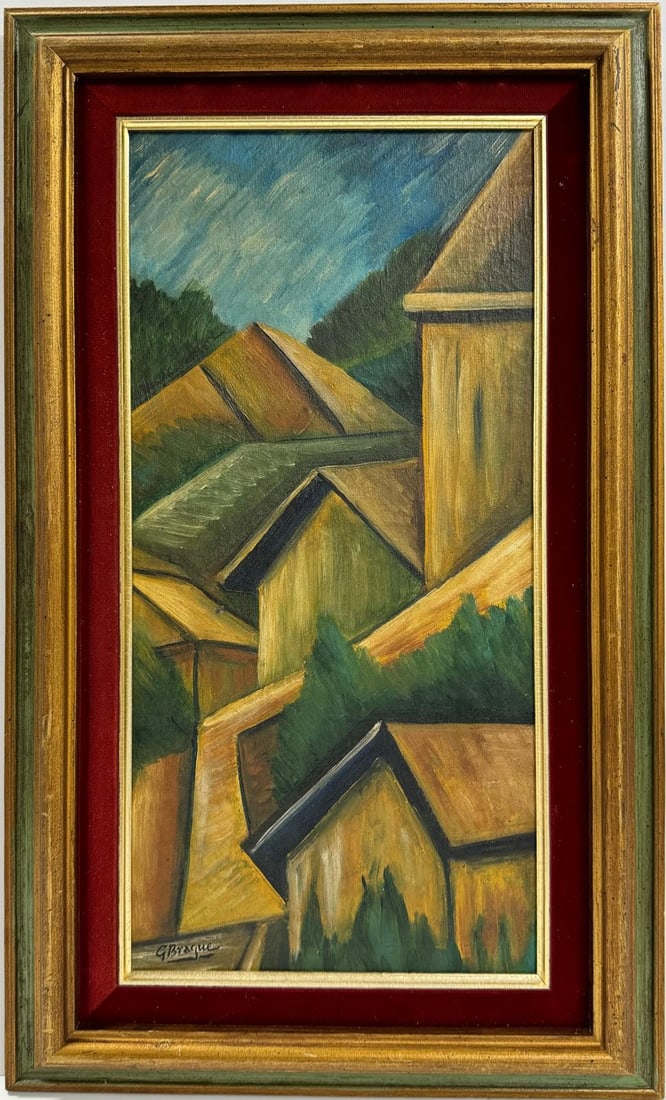 Georges Braque French 1882-1963 Oil on Canvas Painting in the style of. Picasso Juan Gris: A cubist oil on canvas painting depicts a cityscape set against a blue sky backdrop. This artwork, measuring 20 x 10 inches, showcases the fragmented and geometric style characteristic of cubism, offe