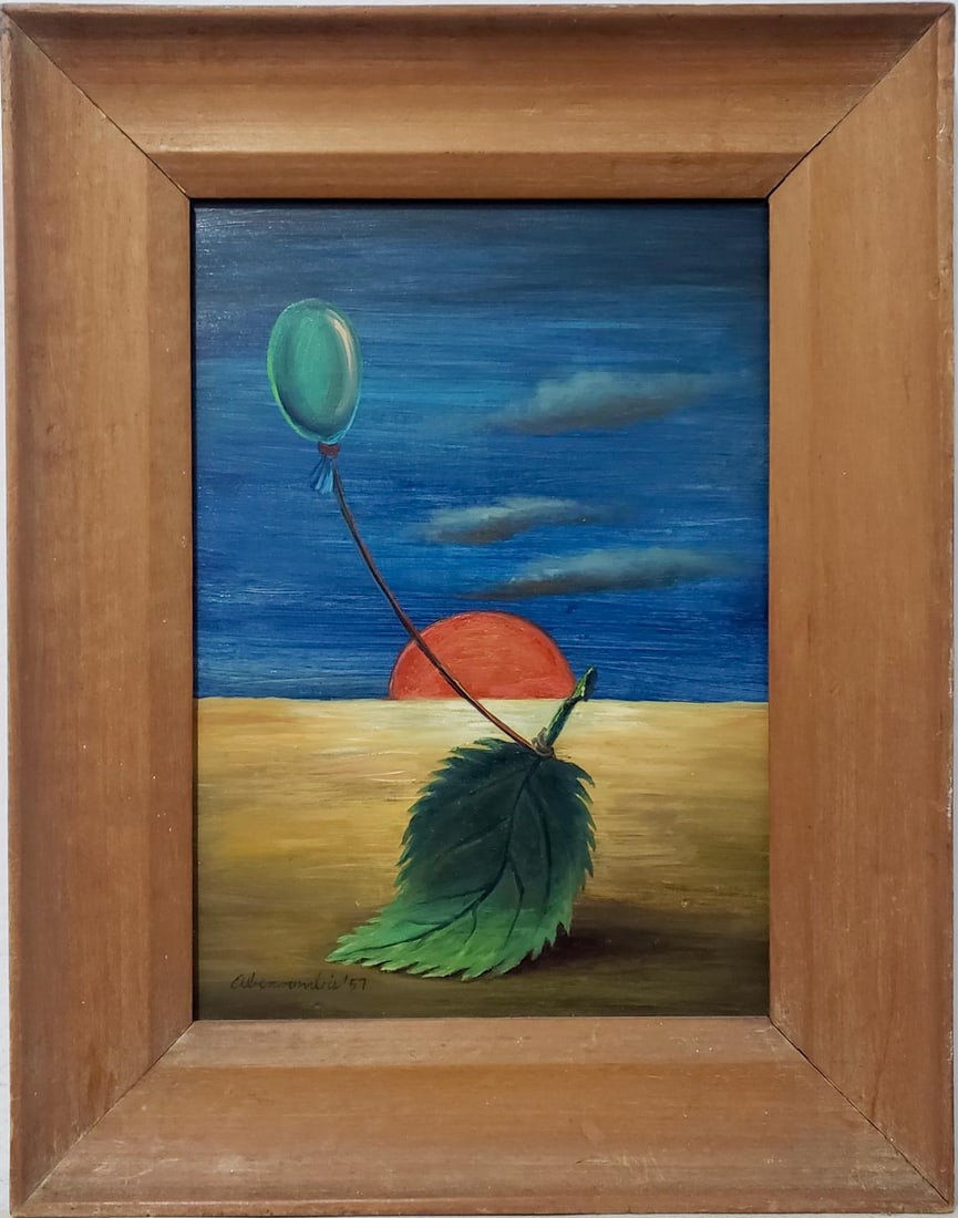 Gertrude Abercrombie American 1907-1977 Oil on Masonite Painting In the Style of Magritte Dali Era.: Title: Leaf and Balloon at Sunset/Medium: Oil on Masonite/Dimensions: 19 x 12 inches/Collection: Private Collection/Framed: Yes/Description: Leaf and Balloon at Sunset is a minimalist yet evocative su