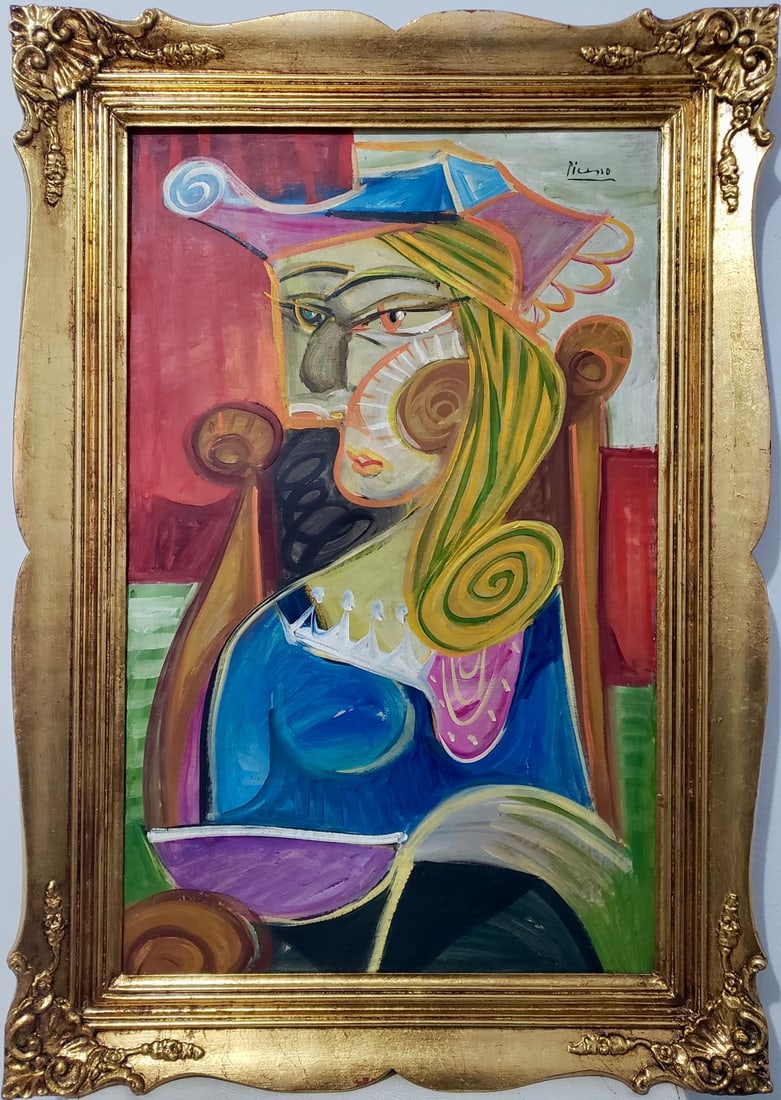 Pablo Picasso Spanish 1881-1973 Beautiful Oil On Canvas Painting in the style of Dali Magritte, Era: This painting is an oil on canvas work, sized at 34 x 24 inches, and is part of a private collection. The piece is framed in an ornate gold frame that enhances its visual appeal. It depicts a stylized