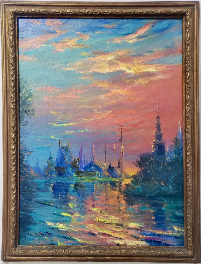 Claude Monet French 1840 - 1926 Oil on canvas Painting in the style of Renoir Manet Pissarro Era.: This oil on canvas painting, measuring 26 x 24 inches, is part of a private collection and is encased in a classically designed golden frame. The artwork presents a vibrant and colorful evening scene